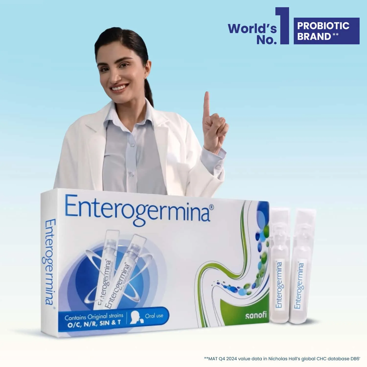Enterogermina probiotic supplement vials for intestinal flora balance