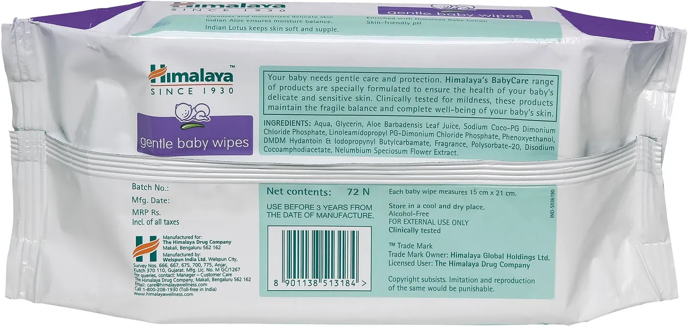 Himalaya Gentle Baby Wipes 72 count pack with green and white label
