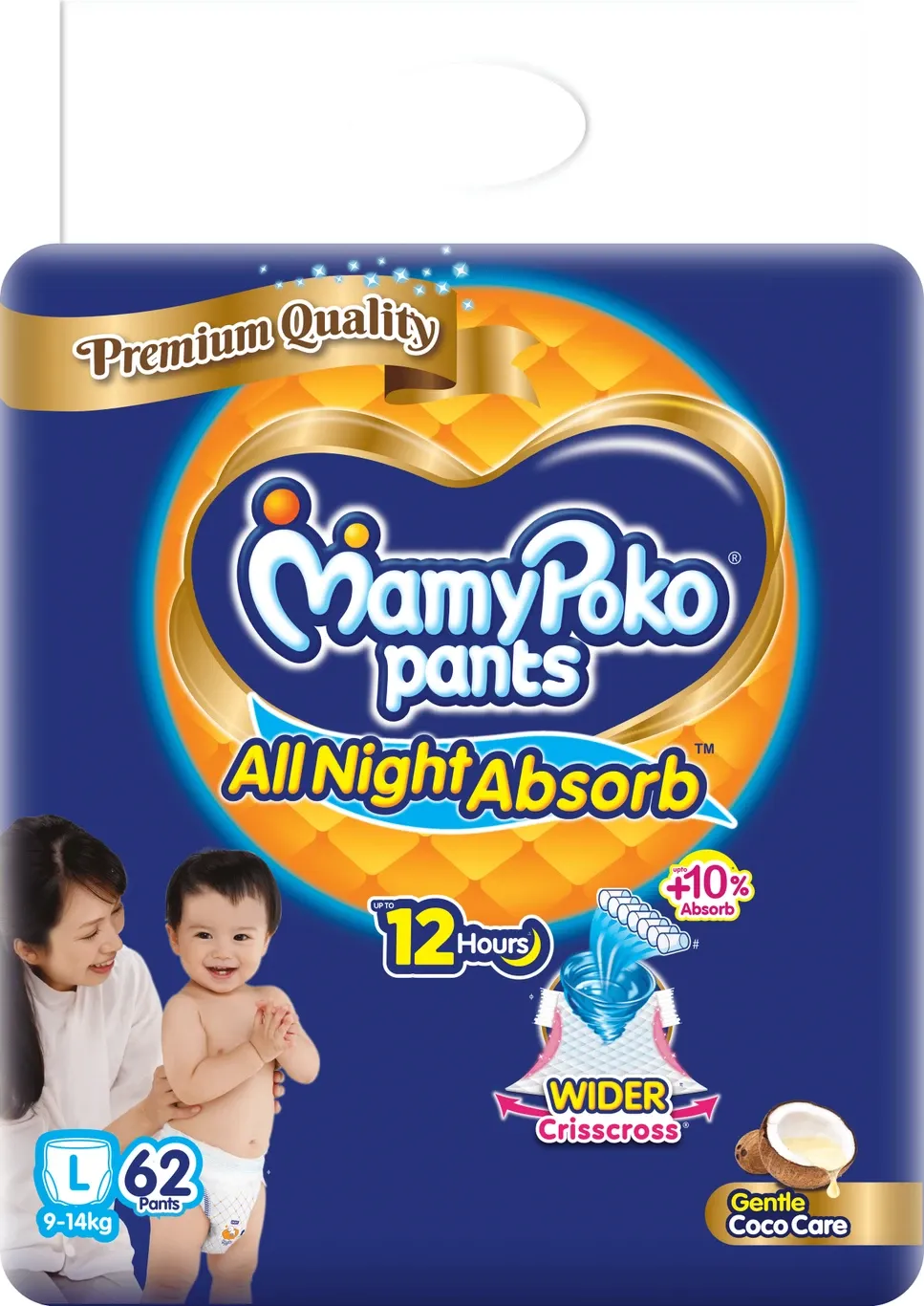 MamyPoko Baby Diapers All Night Absorb Coco Care Size L 62 Pcs pack