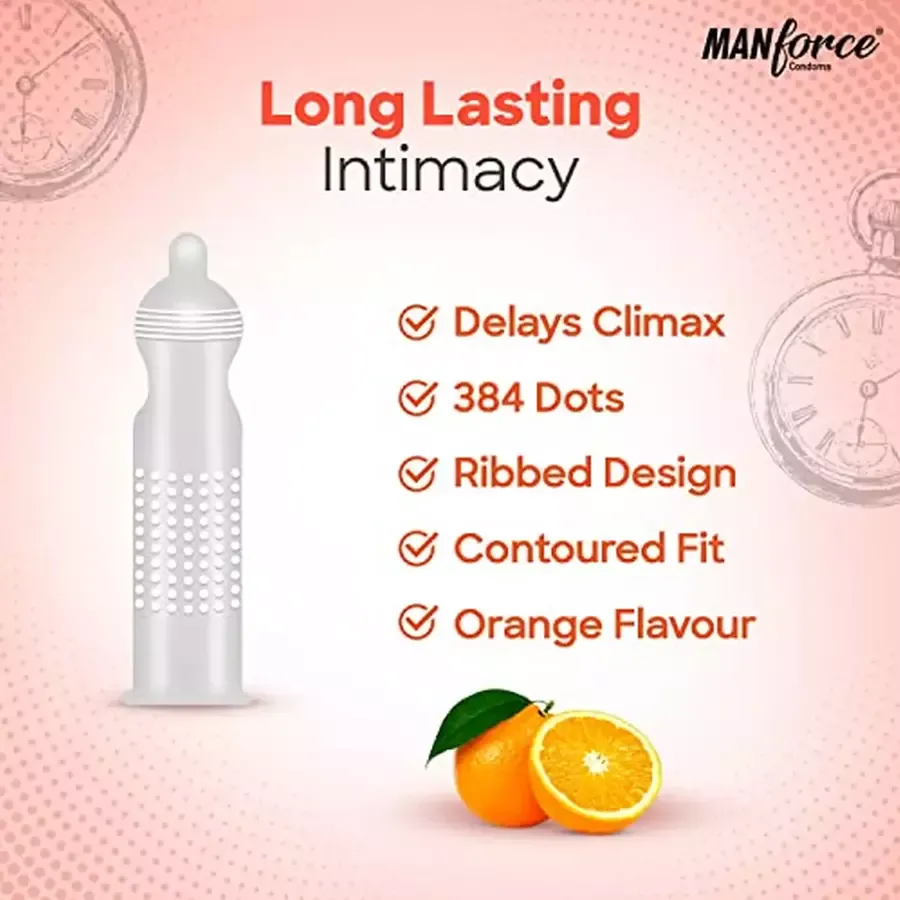 Manforce Overtime Orange 3In1 Ribbed Contour Dotted Condoms Pack of 10