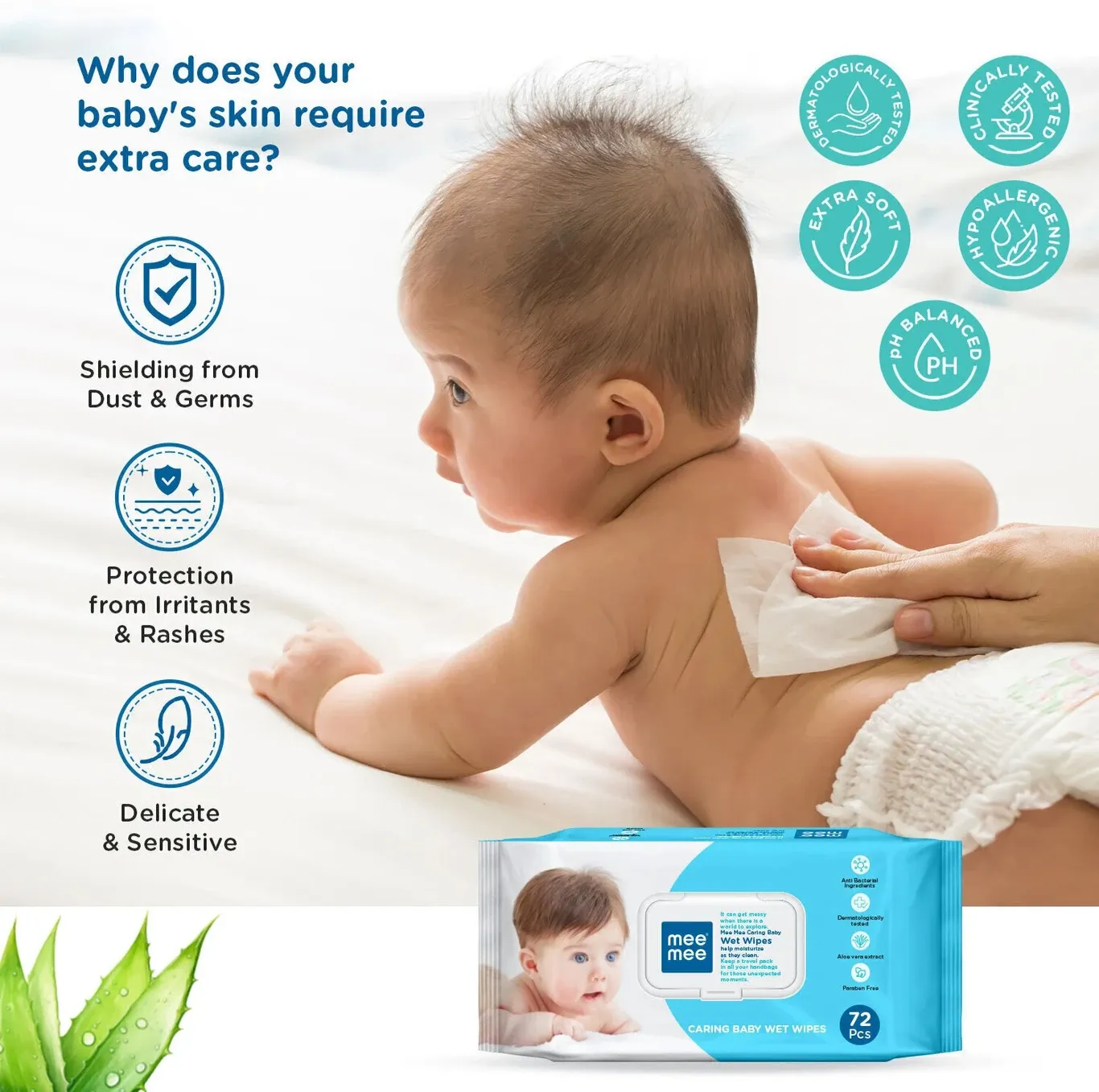 Mee Mee Caring Baby Wet Wipes with Aloe Vera 72 count pack for gentle baby skin care