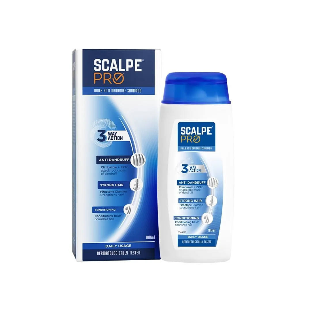 Scalpe Pro Anti-Dandruff Shampoo 100ml bottle with blue and white label