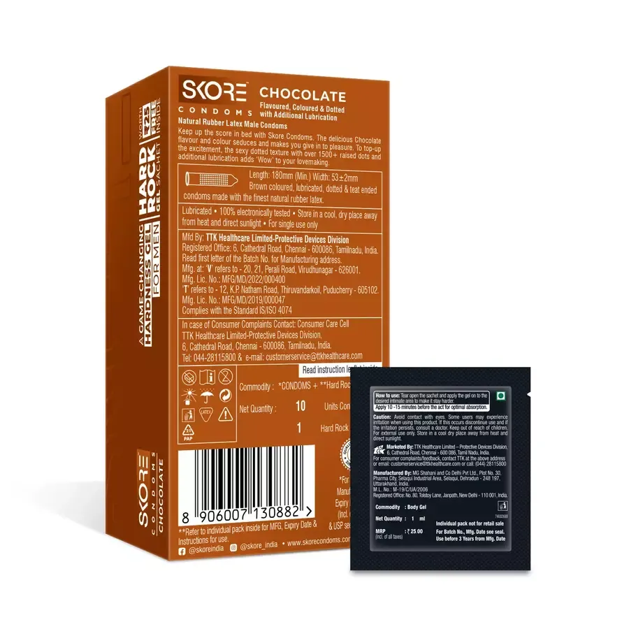Skore Chocolate Flavoured Condoms with Additional Lubrication 1500+ Dots - 10 pcs pack
