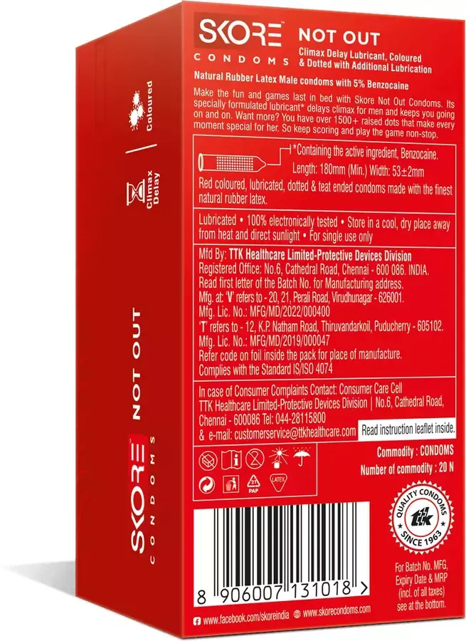 Skore Not Out Dotted Condoms 20 pack box