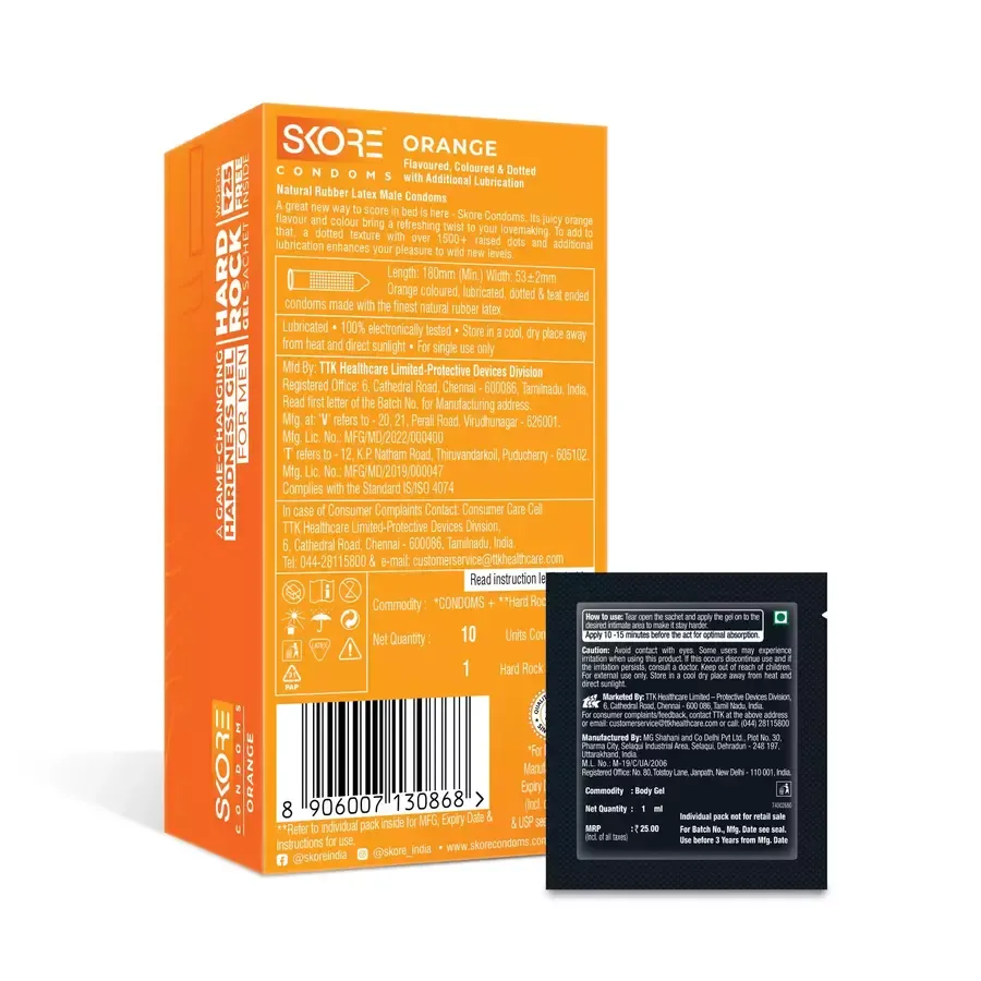 Skore Orange Flavoured Condoms with 1500+ Dots - 10 pack box