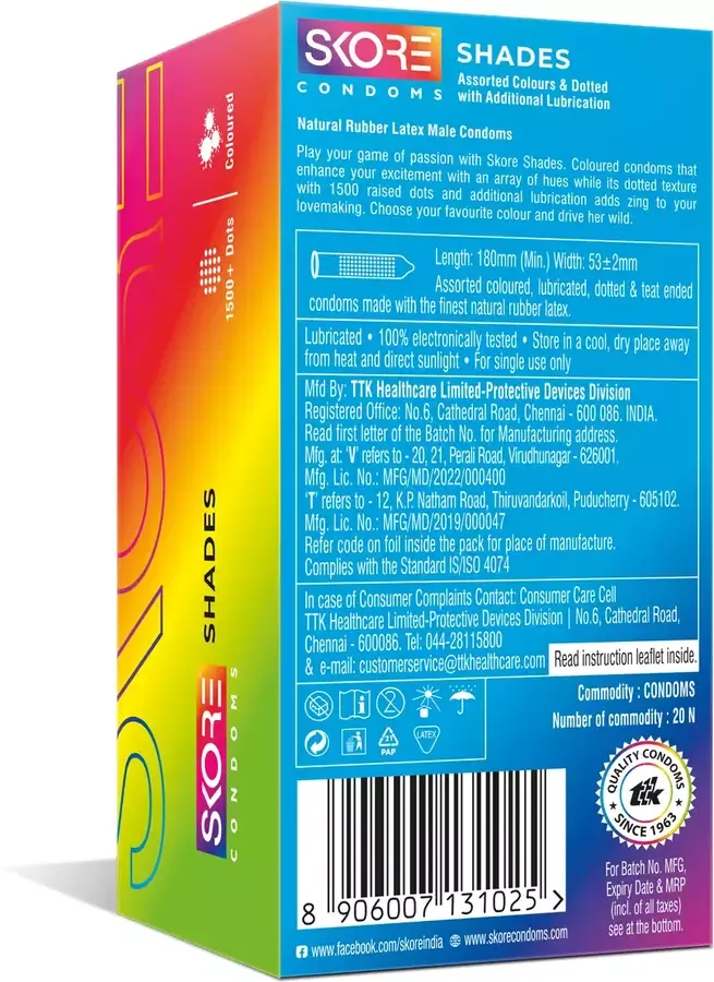 Skore Shades Coloured Condoms with Additional Lubrication 1500+ Dots - 20 pcs pack