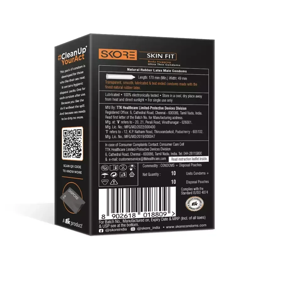 Skore Skinfit Ultra Thin condoms 10 pack with disposal pouches