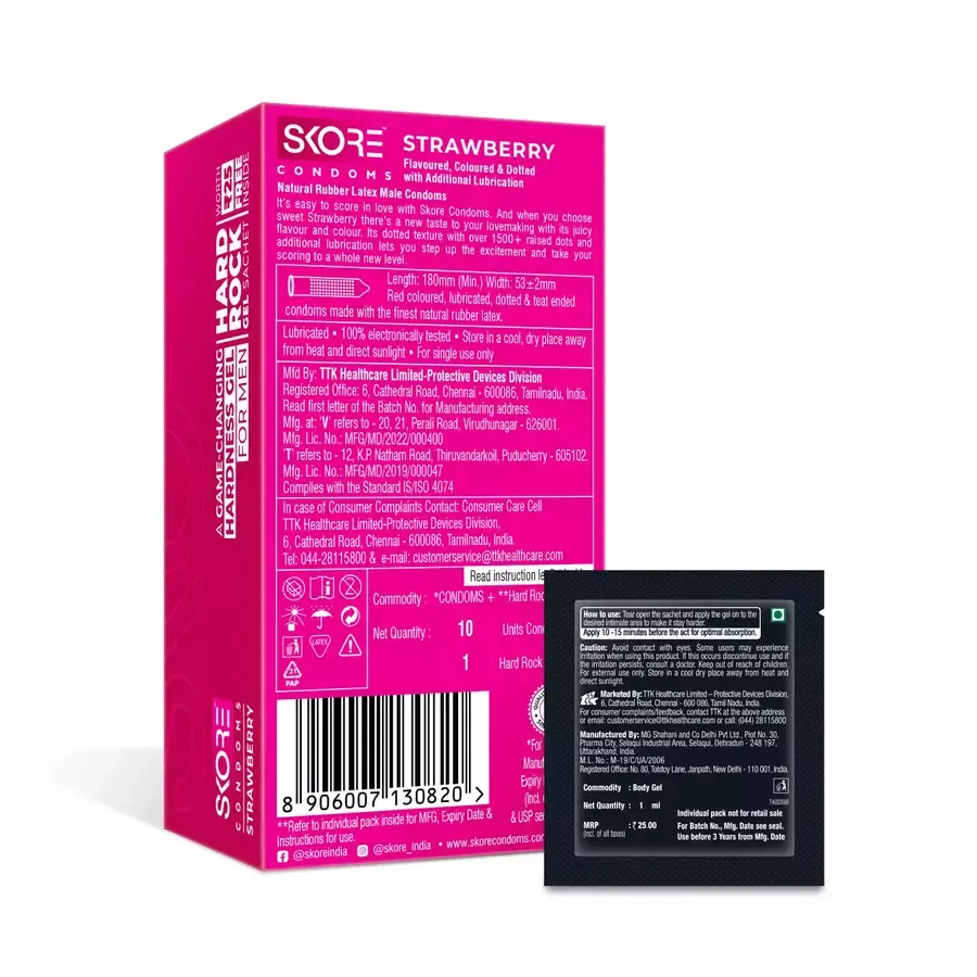 Skore Strawberry Flavoured Condoms 1500+ Dots 10 pcs pack