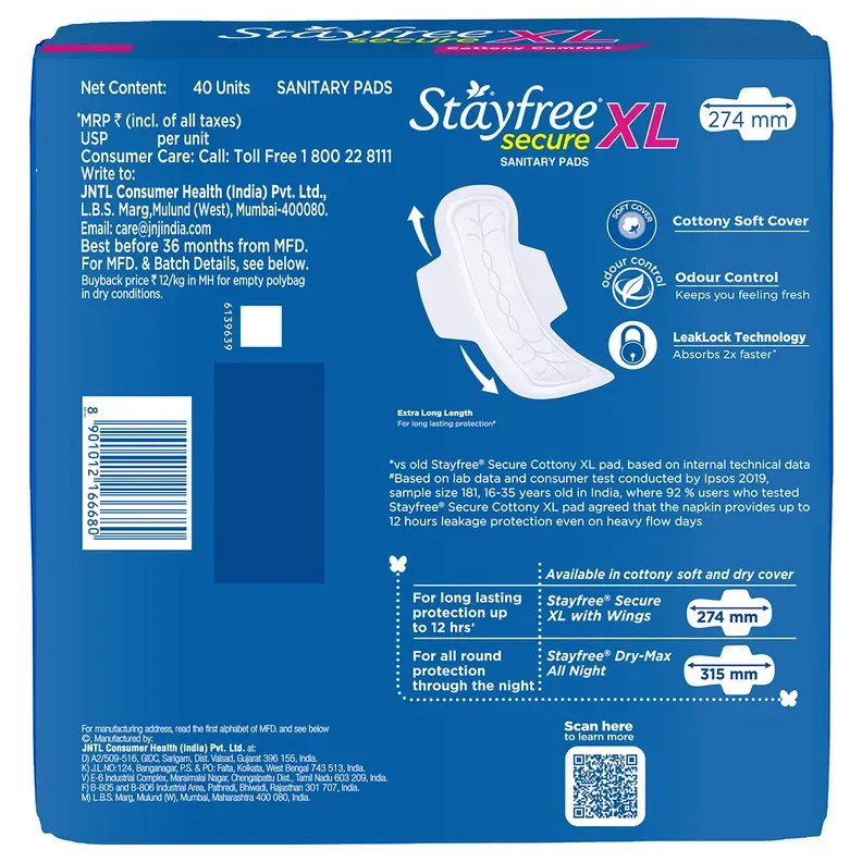 Stayfree Secure Cottony Soft Cover XL sanitary pads 40 pack