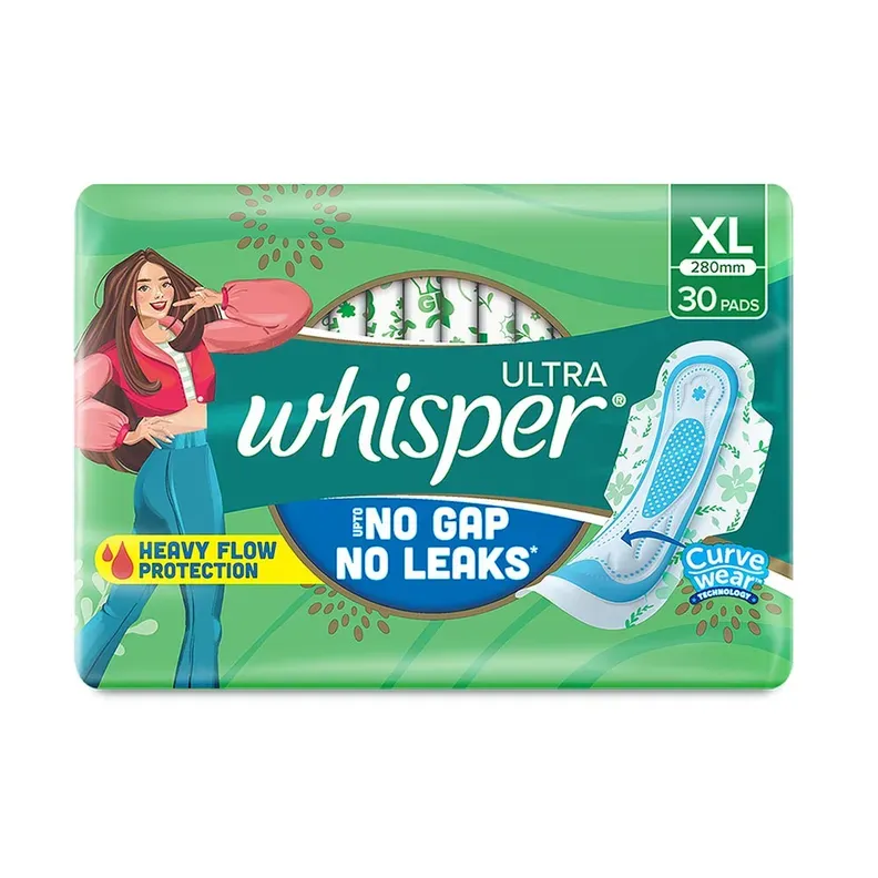 Whisper Ultra XL sanitary pads 30 count pack for heavy flow leak protection