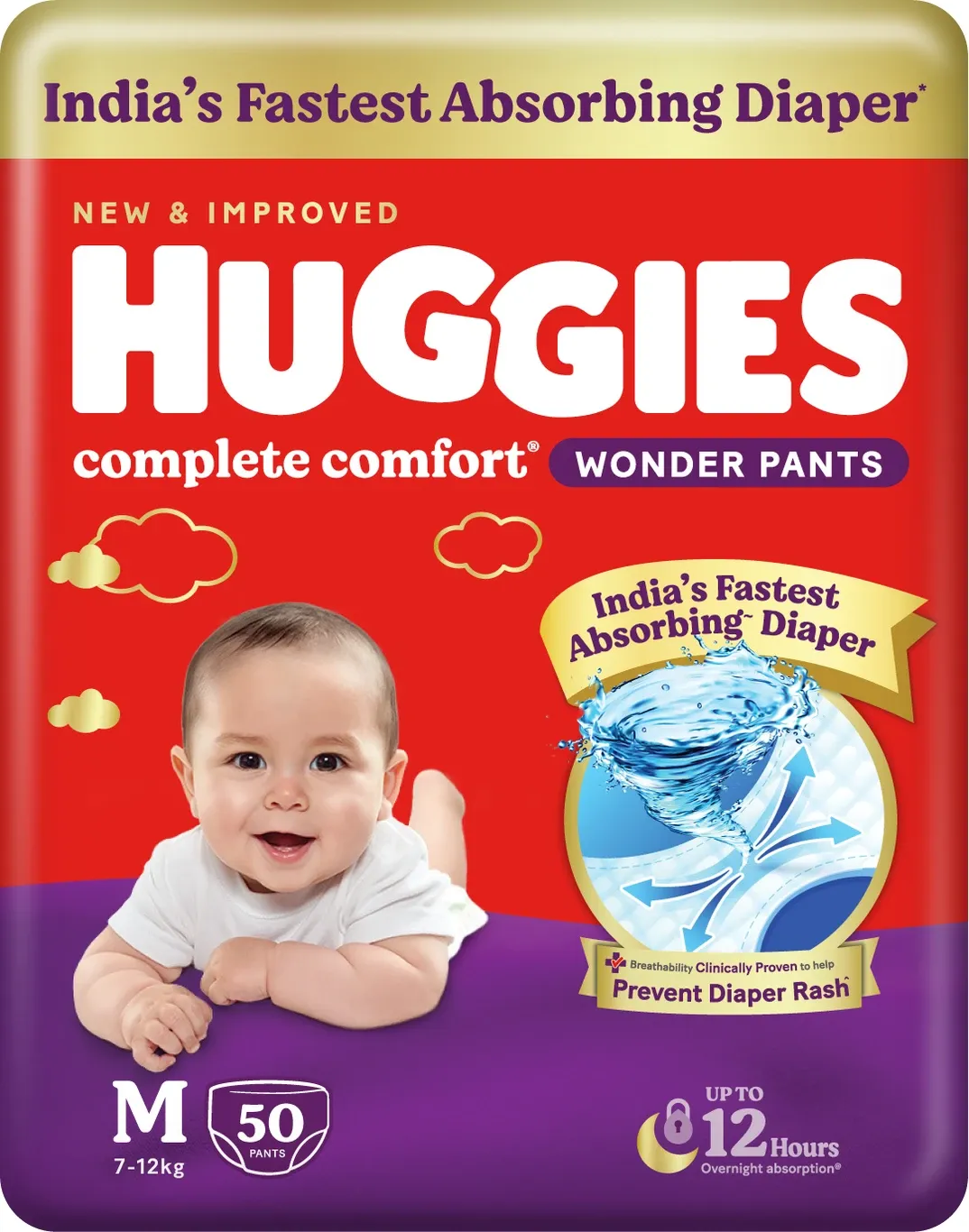Huggies Complete Comfort Wonder Pants, India's Fastest Absorbing Diaper | - M (Up To 7-12 kg) 50 pcs