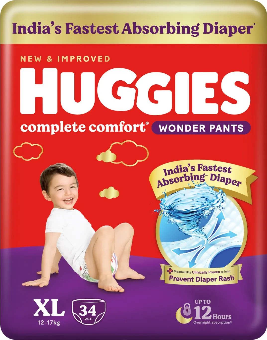 Huggies Complete Comfort Wonder Pants, India's Fastest Absorbing Diaper | - XL (Up To 12-17 kg) 34 pcs