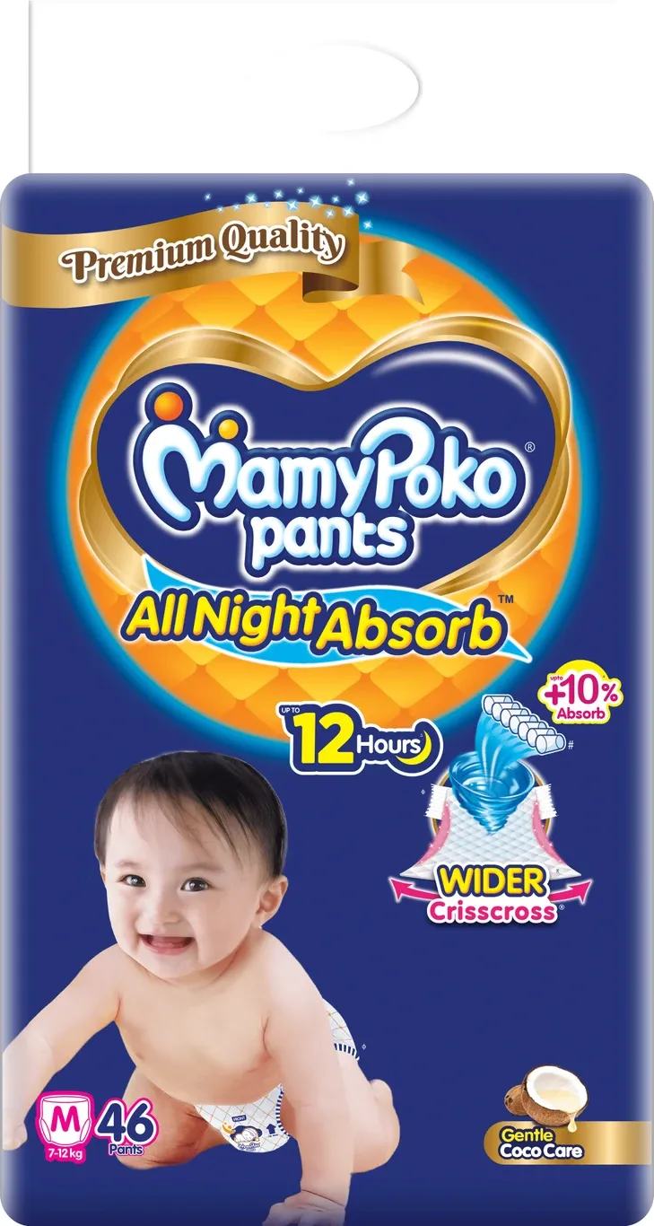 MamyPoko Baby Diapers All Night Absorb, Coco Care & 12hr Leakage Protection - M (Up To 7-12 kg) 46 Pcs
