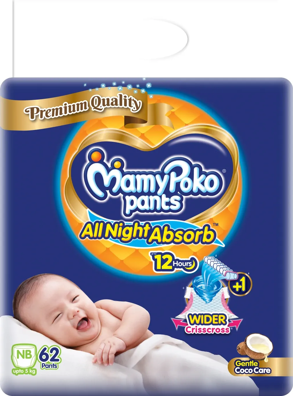 MamyPoko Baby Diapers All Night Absorb, Coco Care & 12hr Leakage Protection - NB (Up To 5 kg) 62 Pcs