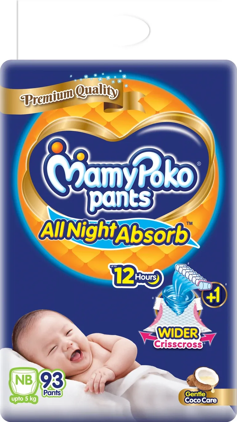 MamyPoko Baby Diapers All Night Absorb, Coco Care & 12hr Leakage Protection - NB (Up To 5 kg) 93 Pcs