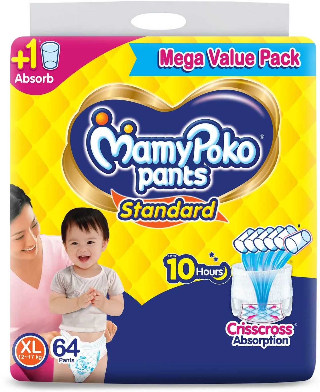 MamyPoko Baby Diapers All Night Absorb, Coco Care & 12hr Leakage Protection -XL (Up To 12-17 kg) 64 Pcs