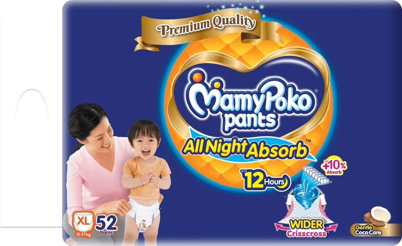 MamyPoko Baby Diapers All Night Absorb, Coco Care & 12hr Leakage Protection - XL (Up To12-17 kg)52 Pcs
