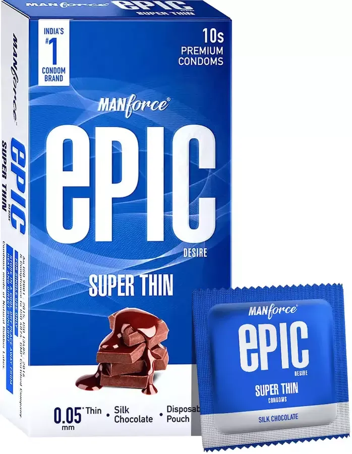 Manforce Epic Desire Super Thin Premium Condoms Silk Chocolate Flavour Disposable Pouch- 10 pcs