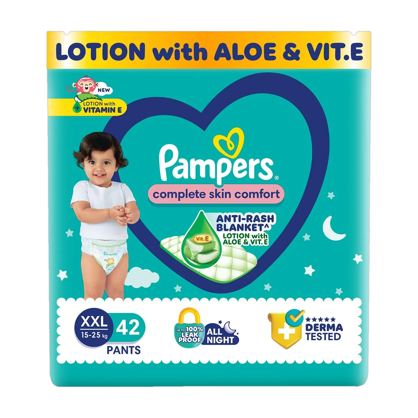 Pampers Complete Skin Comfort Pants, Anti-rash blanket, Lotion with VitaminE & Aloe Vera - XXL (Up To 15-25 kg)42 pcs