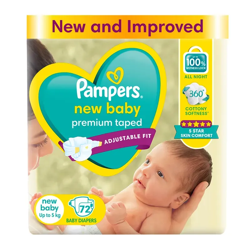 Pampers New Baby Premium Taped Diapers - NB, (Up To 5 kg) 72 pcs