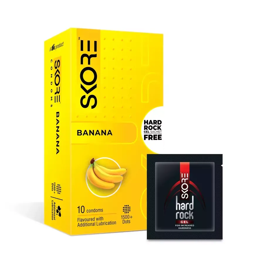 Skore Banana Flavoured With Additional Lubrication 1500+ Dots Condom- 10 pcs