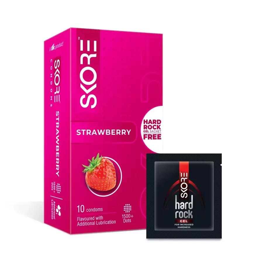 Skore Strawberry Flavoured With Additional Lubrication 1500+ Dots Condom- 10 pcs
